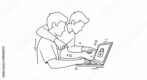 Two figures collaborating on a laptop showing a locked screen