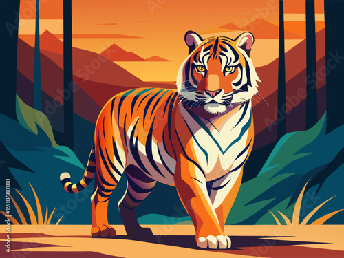 Tiger striding toward viewer in forest mountain landscape