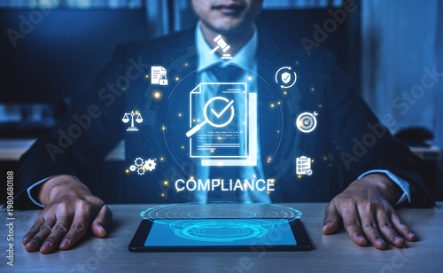 Concept of corporate compliance and risk management. Adhering to legal regulations and internal policies through systematic audits and process verification for business integrity. Fermion