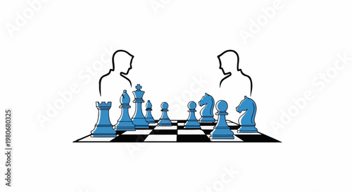 Two figures facing each other over a chessboard with blue pieces