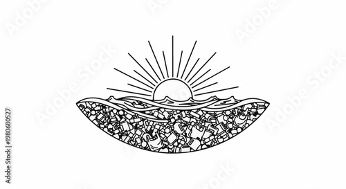 Sun rising over a polluted ocean filled with plastic waste