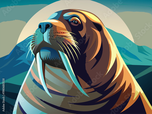 Walrus gazing upward against mountain range backdrop