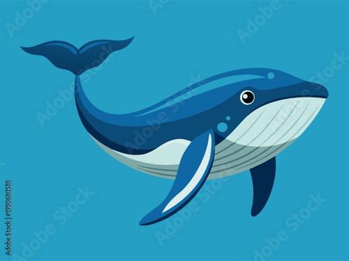 Blue whale swimming calmly in flat ocean background