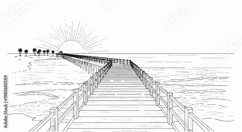 Sun rises over a wooden pier extending into the ocean with palm trees