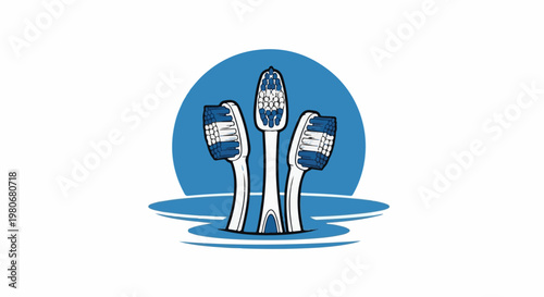 Three blue and white toothbrushes emerge from a blue oval
