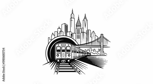 Subway train emerges from tunnel toward cityscape with bridge