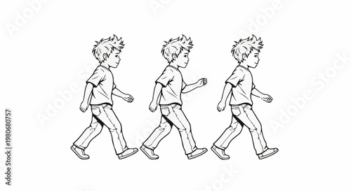 Three boys walking in sequence against white background
