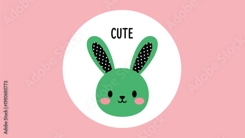 Cute green rabbit head illustration with dotted ears and pink cheeks centered in a white circle on a soft pink background.