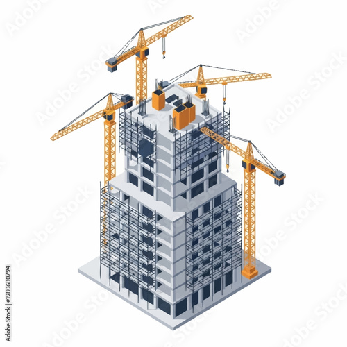 3D isometric illustration of a building construction site with cranes.