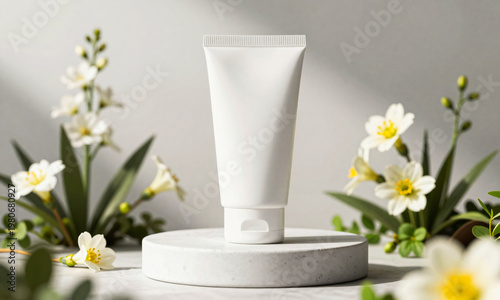 spring flowers surrounding clean product pedestal bright natural sunlight seasonal product mockup  Generative AI