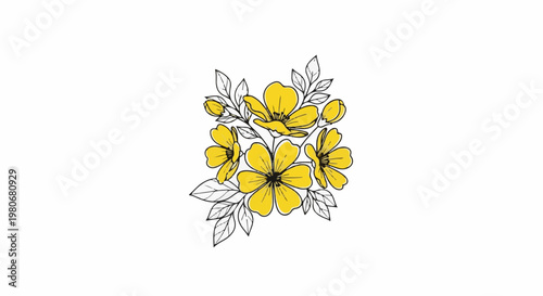 Stylized yellow flowers with black outlines and leaves