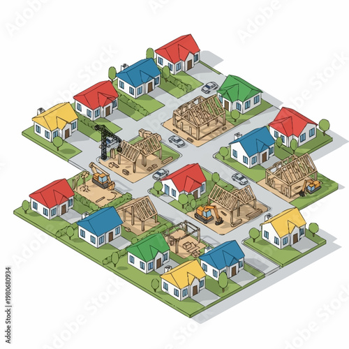 Isometric illustration of neighborhood undergoing construction and renovation work.