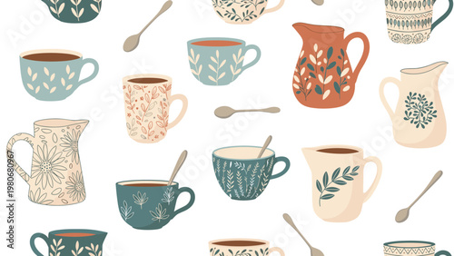 Delicate seamless pattern of hand-drawn ceramic cups, mugs, and pitchers with botanical motifs and spoons on a white background.