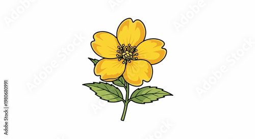 Stylized yellow flower with green leaves and a white background