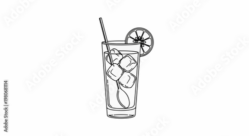 Tall glass with ice cubes, straw, and lemon slice, simple outline