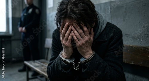 Arrested man in handcuffs sitting on a bench in a police station, covering his face with hands in despair. A police officer stands in the background in a dark interrogation room.