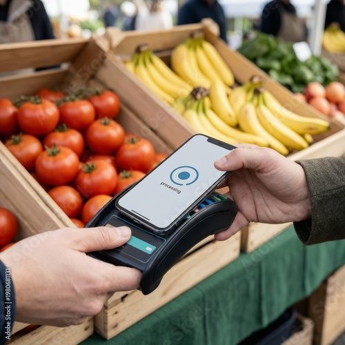 Modern Contactless Mobile Payment for Fresh Organic Produce at Outdoor Farmers Market