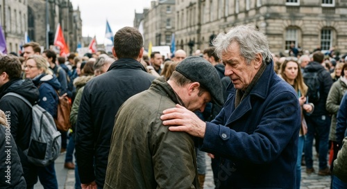 Compassion and Support: Elderly Man Comforting a Distressed Friend During a Crowded Outdoor Public Gathering or Protest in the City
