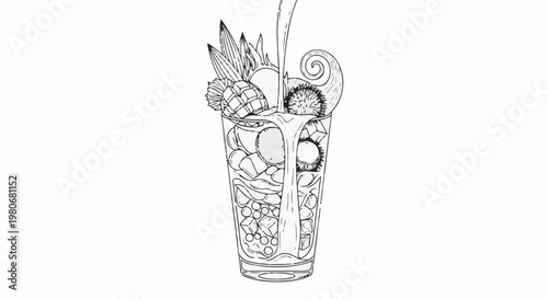 Tall glass filled with tropical fruits, ice cubes, and liquid