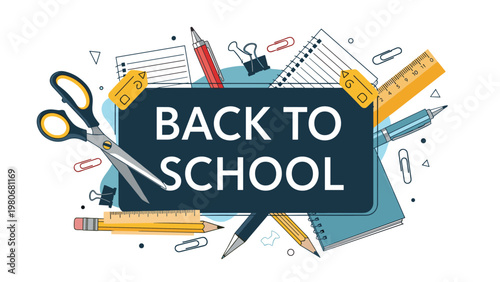 Back to school themed illustration with various supplies like scissors, pens, rulers, and notebooks around a dark blackboard.