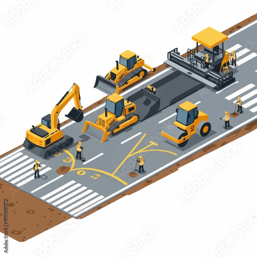 Road construction site with heavy machinery.