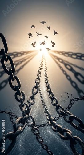 Conceptual image of chains breaking and birds flying towards light.