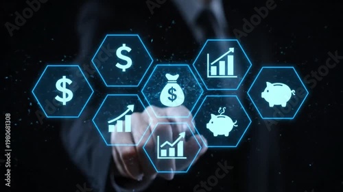 Wallpaper Mural Finger Interacting with Digital Holographic Financial Interface Featuring Icons for Money Bags Savings Growth and Investment Data Torontodigital.ca