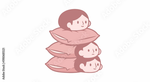 Three cartoon heads stacked on pillows with simple features