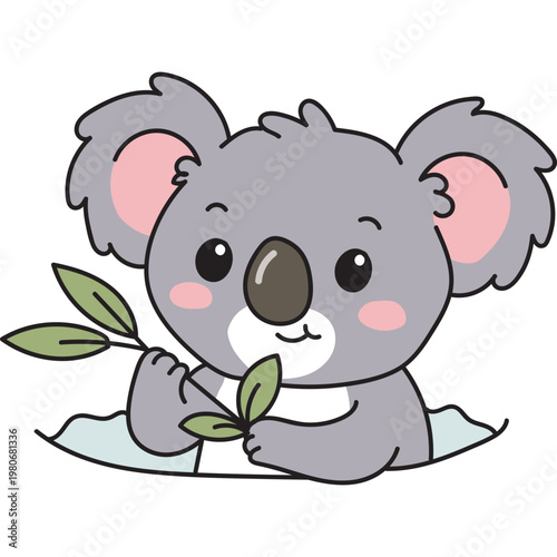 Cute Cartoon Koala Holding Eucalyptus