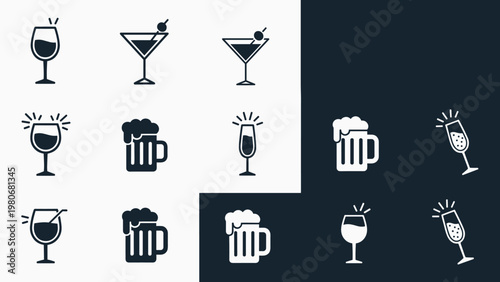 Comprehensive set of minimalist drink icons featuring wine, cocktails, and beer in black and white styles on a split background.