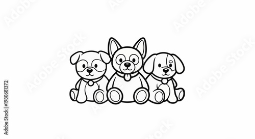 Three cartoon puppies sit together, outlined in black and white