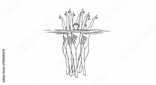 Synchronized swimmers perform in unison with arms reaching upwards from water