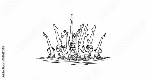 Synchronized swimmers perform an aquatic routine with raised arms and legs in water