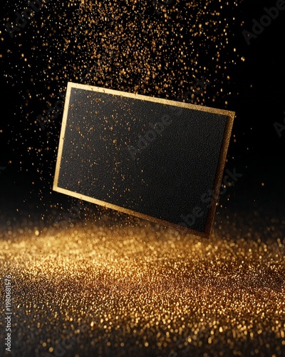 Vertical Elegant black and gold mockup featuring a blank, textured business card with a gilded edge levitating in a dynamic shower of sparkling glitter on a dark, opulent background for luxury brandin