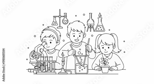 Three children engaged in science experiments with lab equipment