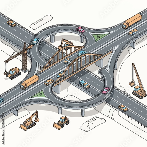 A complex highway interchange with construction vehicles.