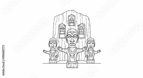 Three carved wooden figures with outstretched arms in front of a rock face