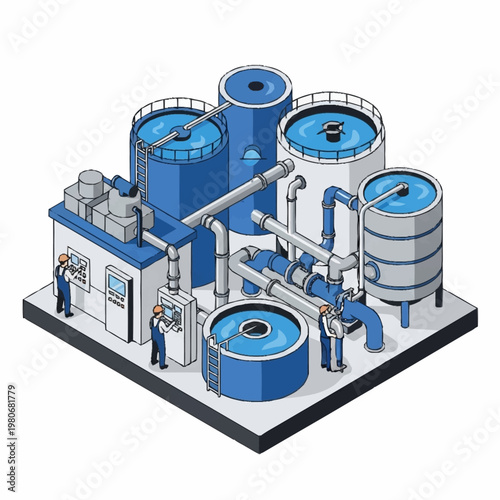 Isometric industrial water treatment facility.