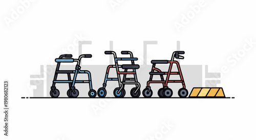 Three different colorful wheeled walkers lined up on a white background