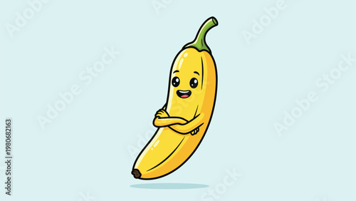Cheerful yellow banana character with a happy face and arms crossed in a confident pose against a light blue background.