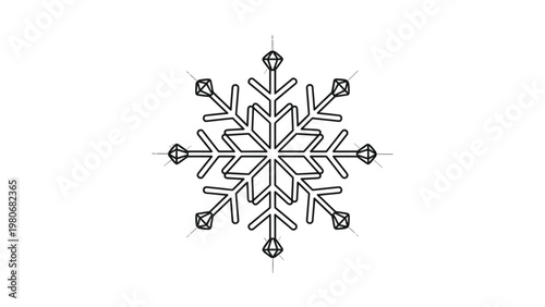 Detailed geometric line drawing of a symmetrical snowflake with crystalline patterns on a clean white background for winter.
