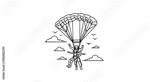 Tandem skydivers descend under a parachute with birds flying around them