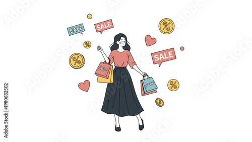 Young woman enjoying shopping trip holding colorful bags surrounded by floating sale tags, gold coins, and heart symbols.