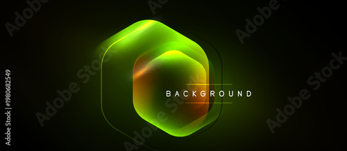 Abstract hexagon design glows brightly against dark backdrop. Modern, vibrant colors create dynamic visual effect. Text reads background.