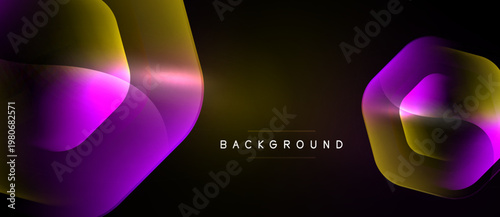 Abstract shapes overlap, creating vibrant gradients. Pink, gold hues dominate dark background. Modern design element.