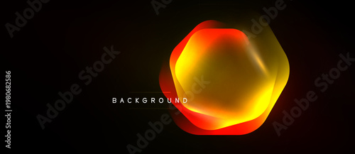 Abstract hexagon shape glows brightly against dark background. Vivid orange, yellow hues create dynamic visual effect. Modern design element.