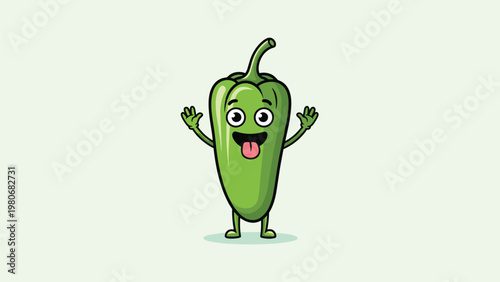 Cheerful green bell pepper character with a funny face, sticking tongue out, and waving hands in a cartoon style.