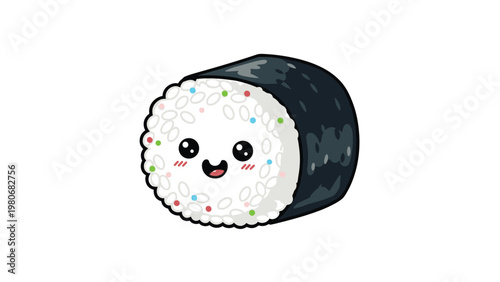 Adorable sushi roll character with a smiling face and colorful sprinkles on its white rice surface in a kawaii style.