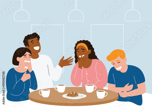 Diverse group of friends laughing together at a coffee shop
