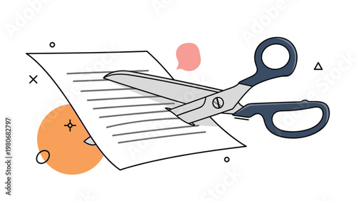 Creative illustration of a pair of scissors cutting through a white sheet of paper with abstract shapes in the background.